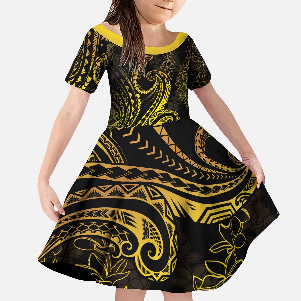 Polynesia Plumeria Lei Kid Short Sleeve Dress Black Gold Curves Motif
