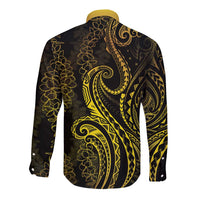 Polynesia Plumeria Lei Long Sleeve Button Shirt Black Gold Curves Motif