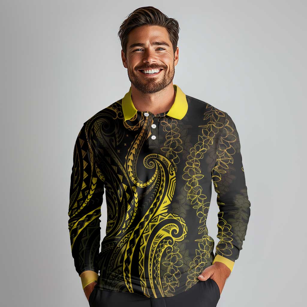 Polynesia Plumeria Lei Long Sleeve Polo Shirt Black Gold Curves Motif