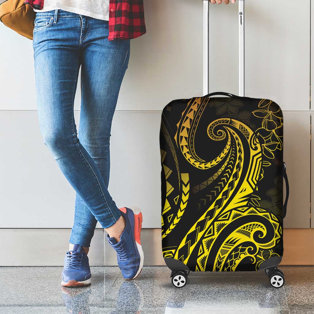 Polynesia Plumeria Lei Luggage Cover Black Gold Curves Motif