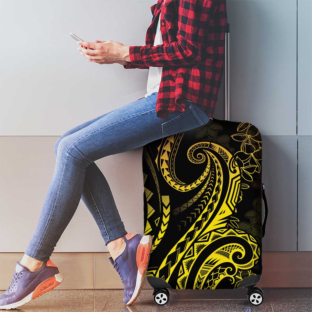 Polynesia Plumeria Lei Luggage Cover Black Gold Curves Motif