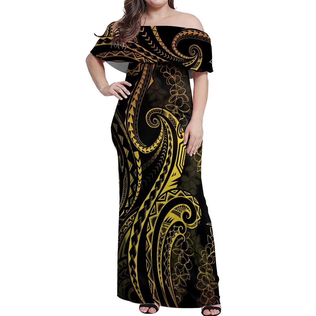 Polynesia Plumeria Lei Off Shoulder Maxi Dress Black Gold Curves Motif