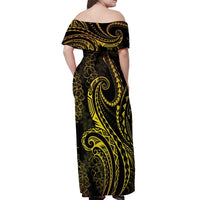 Polynesia Plumeria Lei Off Shoulder Maxi Dress Black Gold Curves Motif