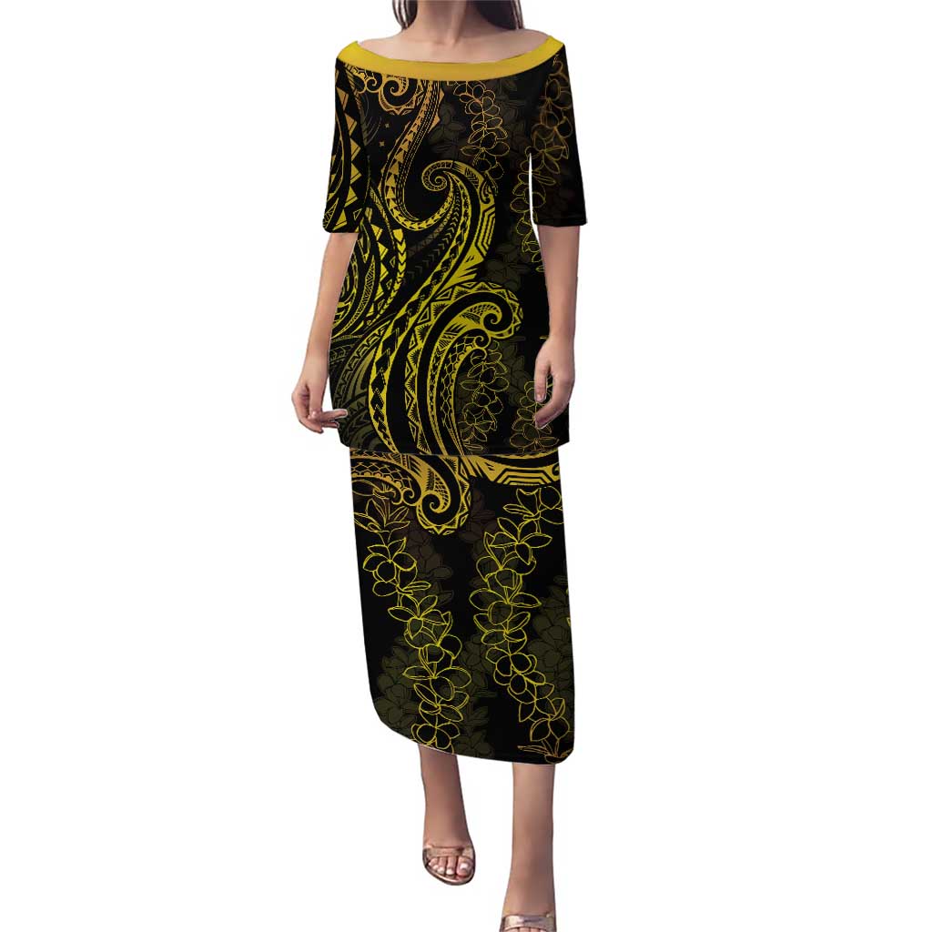 Polynesia Plumeria Lei Puletasi Black Gold Curves Motif