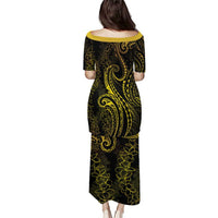 Polynesia Plumeria Lei Puletasi Black Gold Curves Motif
