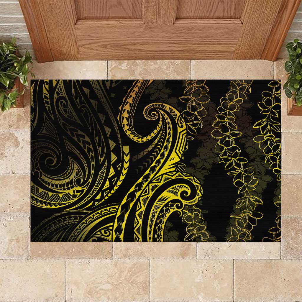Polynesia Plumeria Lei Rubber Doormat Black Gold Curves Motif