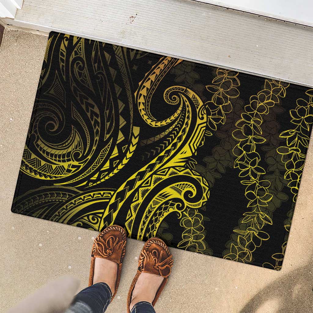 Polynesia Plumeria Lei Rubber Doormat Black Gold Curves Motif
