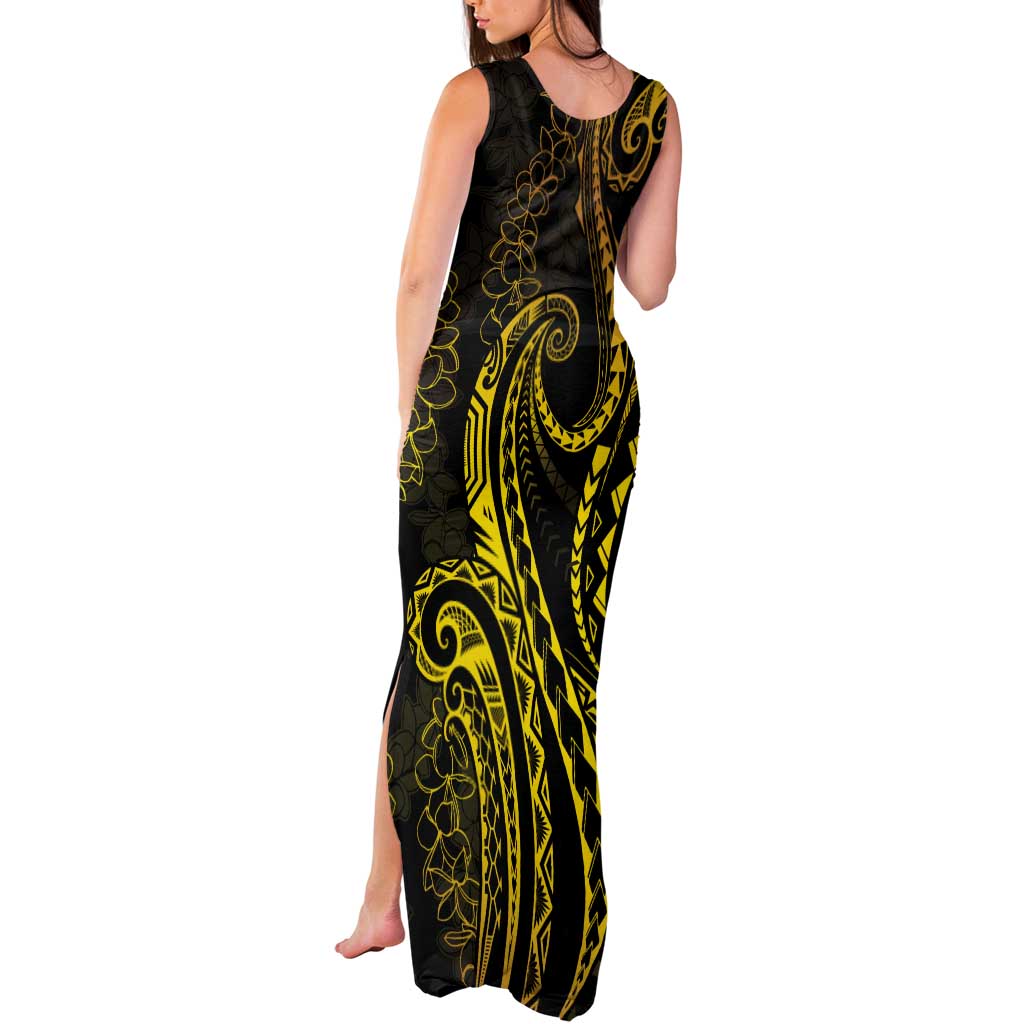 Polynesia Plumeria Lei Tank Maxi Dress Black Gold Curves Motif LT7 - Polynesian Pride