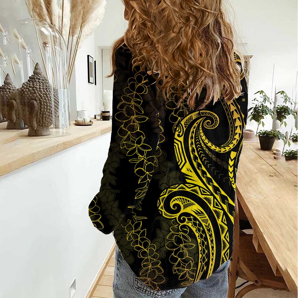 Polynesia Plumeria Lei Women Casual Shirt Black Gold Curves Motif