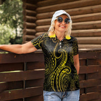Polynesia Plumeria Lei Women Polo Shirt Black Gold Curves Motif