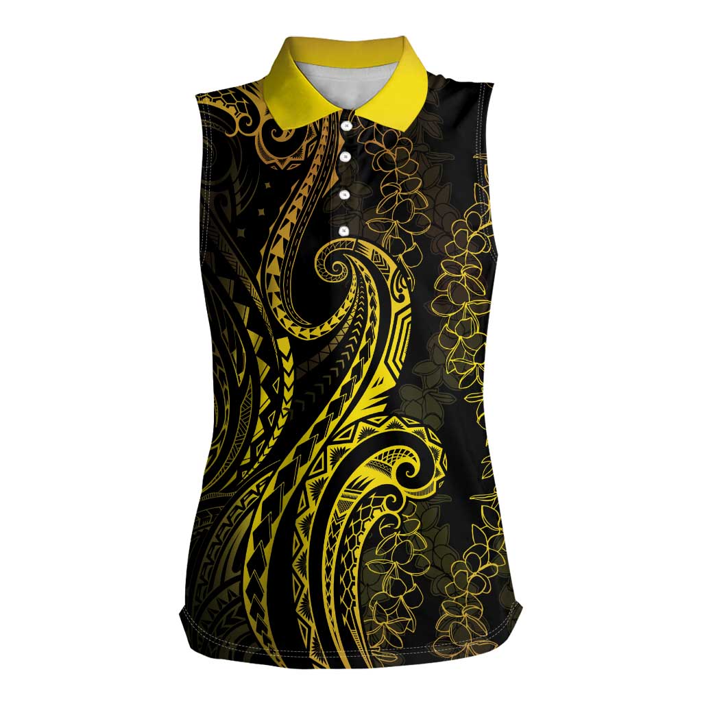 Polynesia Plumeria Lei Women Sleeveless Polo Shirt Black Gold Curves Motif