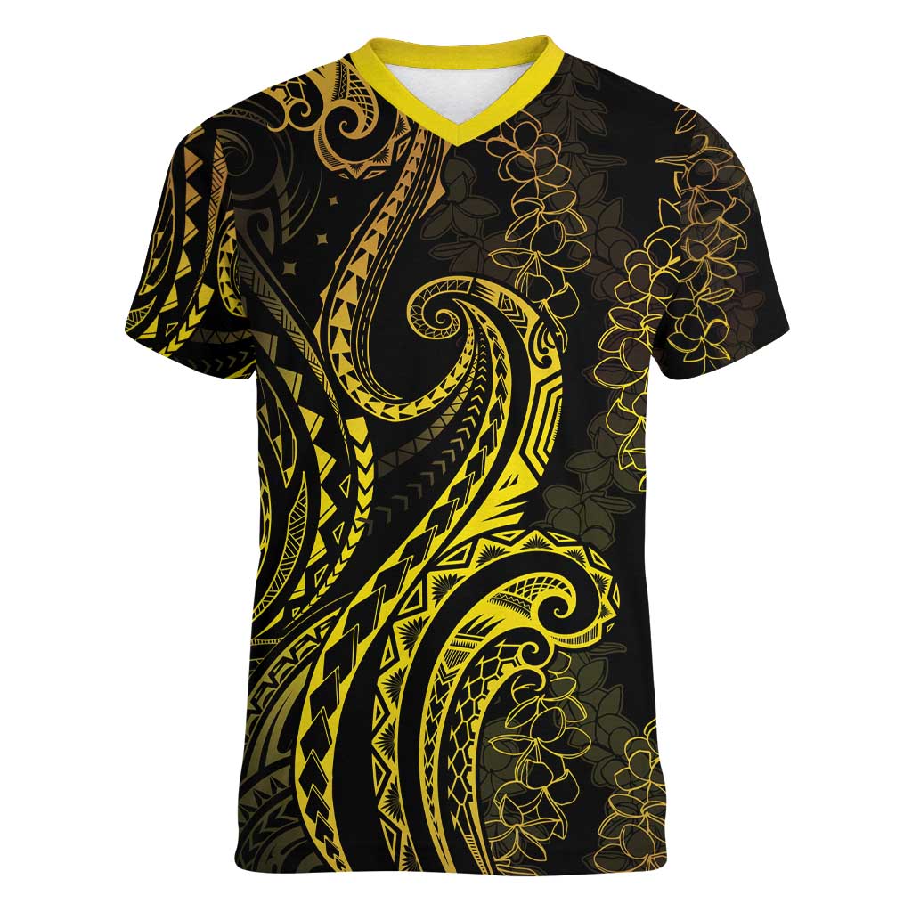 Polynesia Plumeria Lei Women V-Neck T-Shirt Black Gold Curves Motif
