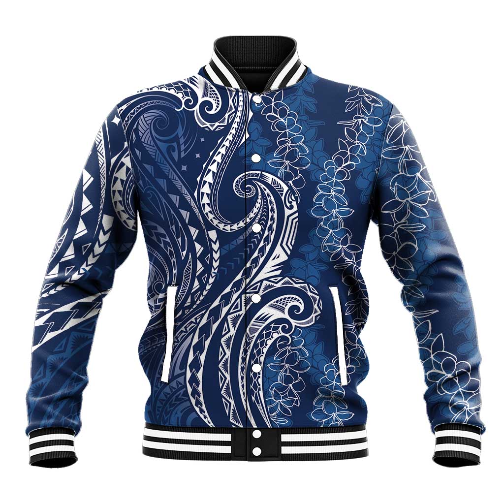 Polynesia Plumeria Lei Baseball Jacket Navy Blue Curves Motif