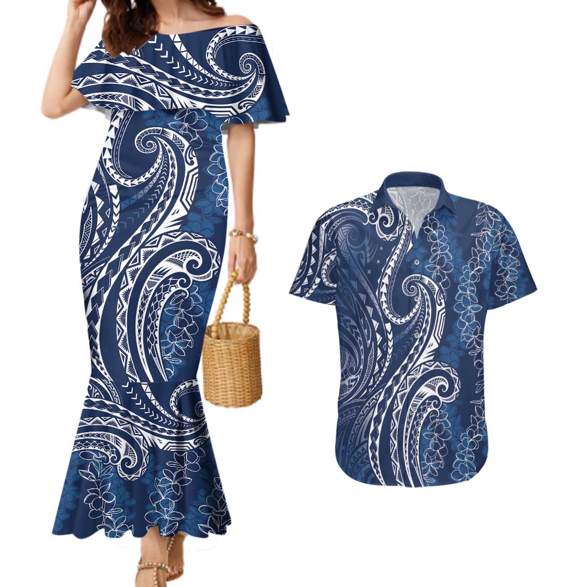 Polynesia Plumeria Lei Couples Matching Mermaid Dress and Hawaiian Shirt Navy Blue Curves Motif