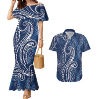 Polynesia Plumeria Lei Couples Matching Mermaid Dress and Hawaiian Shirt Navy Blue Curves Motif