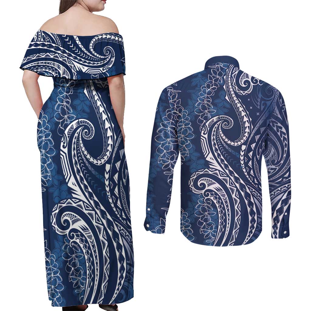 Polynesia Plumeria Lei Couples Matching Off Shoulder Maxi Dress and Long Sleeve Button Shirt Navy Blue Curves Motif