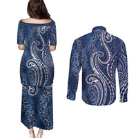 Polynesia Plumeria Lei Couples Matching Puletasi and Long Sleeve Button Shirt Navy Blue Curves Motif