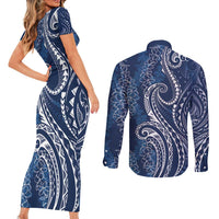 Polynesia Plumeria Lei Couples Matching Short Sleeve Bodycon Dress and Long Sleeve Button Shirt Navy Blue Curves Motif