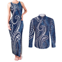 Polynesia Plumeria Lei Couples Matching Tank Maxi Dress and Long Sleeve Button Shirt Navy Blue Curves Motif