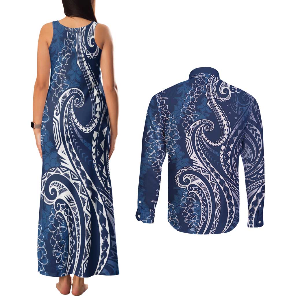 Polynesia Plumeria Lei Couples Matching Tank Maxi Dress and Long Sleeve Button Shirt Navy Blue Curves Motif