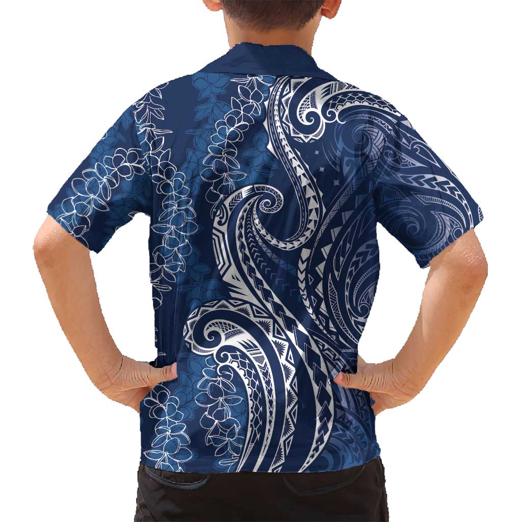 Polynesia Plumeria Lei Family Matching Long Sleeve Bodycon Dress and Hawaiian Shirt Navy Blue Curves Motif LT7 - Polynesian Pride