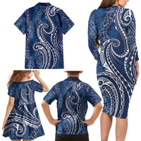 Polynesia Plumeria Lei Family Matching Long Sleeve Bodycon Dress and Hawaiian Shirt Navy Blue Curves Motif LT7 - Polynesian Pride