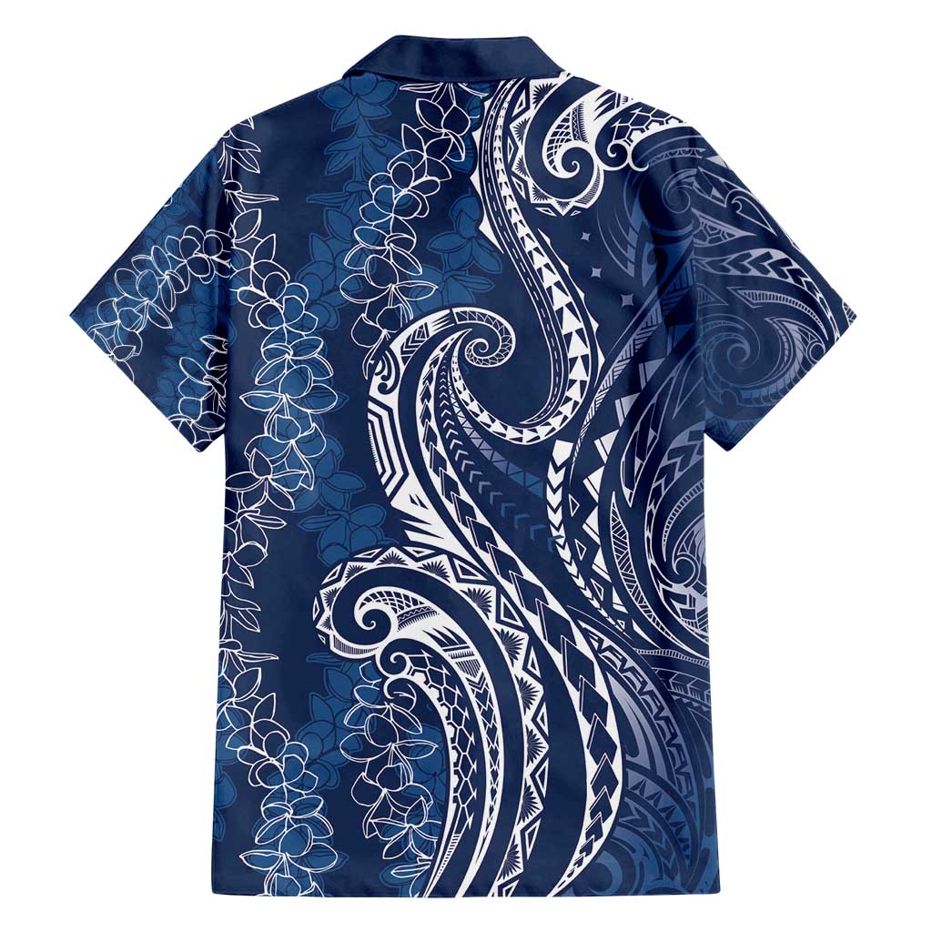 Polynesia Plumeria Lei Family Matching Long Sleeve Bodycon Dress and Hawaiian Shirt Navy Blue Curves Motif LT7 - Polynesian Pride