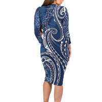 Polynesia Plumeria Lei Family Matching Long Sleeve Bodycon Dress and Hawaiian Shirt Navy Blue Curves Motif LT7 - Polynesian Pride