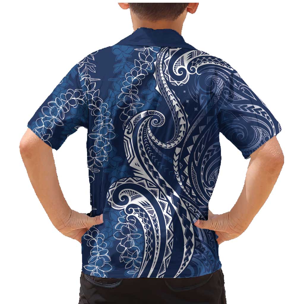 Polynesia Plumeria Lei Family Matching Mermaid Dress and Hawaiian Shirt Navy Blue Curves Motif LT7 - Polynesian Pride