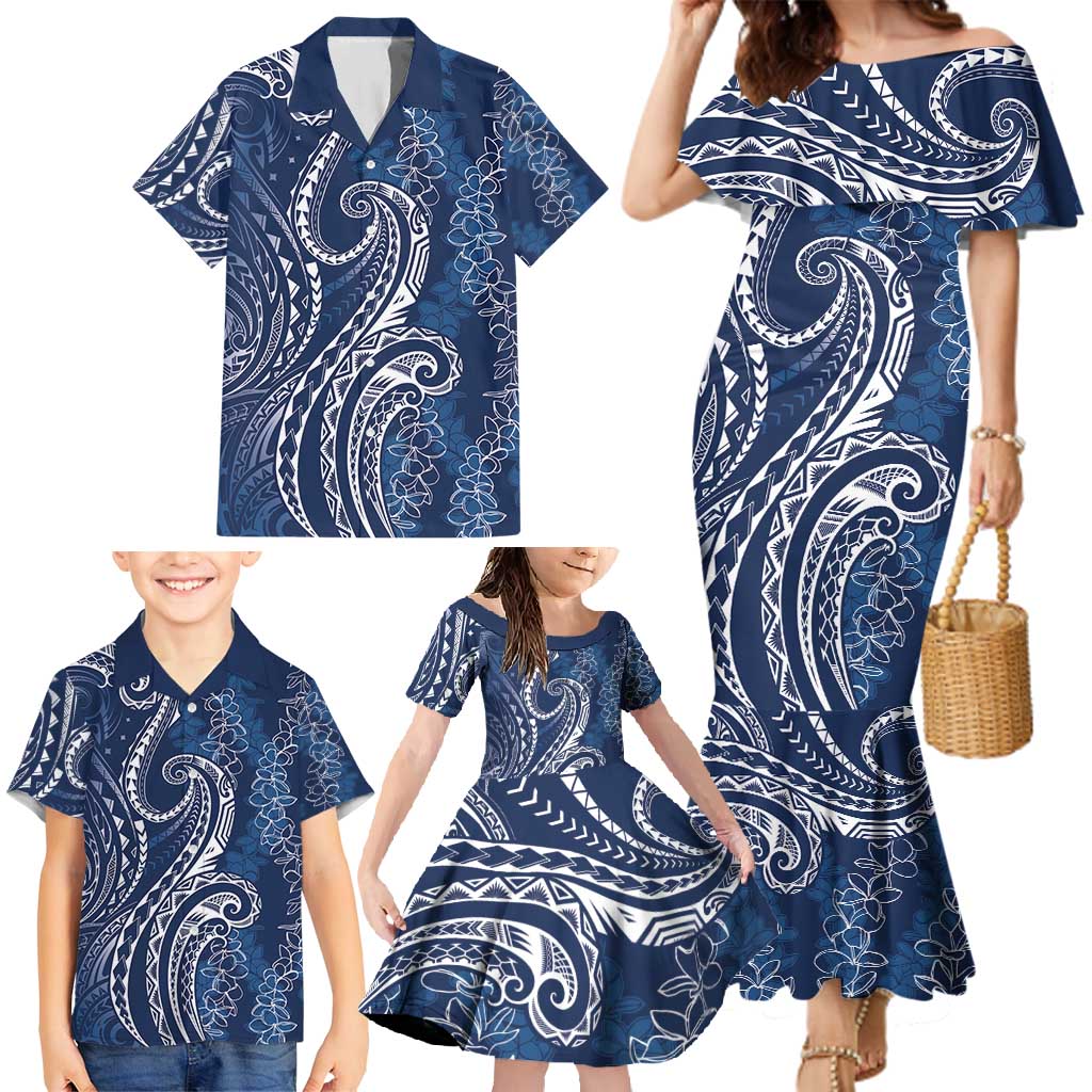 Polynesia Plumeria Lei Family Matching Mermaid Dress and Hawaiian Shirt Navy Blue Curves Motif LT7 - Polynesian Pride