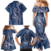 Polynesia Plumeria Lei Family Matching Mermaid Dress and Hawaiian Shirt Navy Blue Curves Motif LT7 - Polynesian Pride