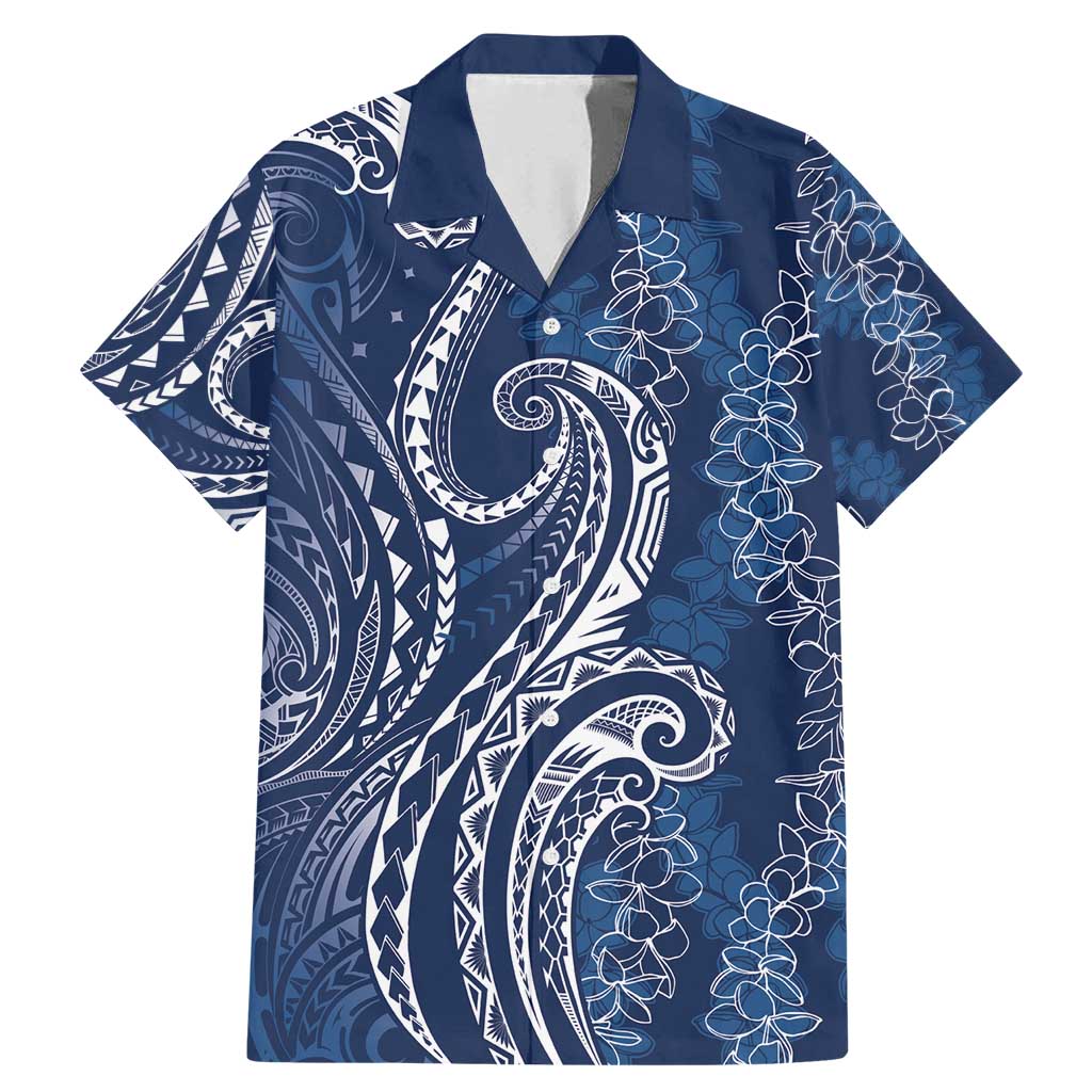 Polynesia Plumeria Lei Family Matching Mermaid Dress and Hawaiian Shirt Navy Blue Curves Motif LT7 Dad's Shirt - Short Sleeve Navy Blue - Polynesian Pride