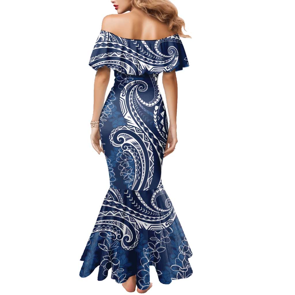 Polynesia Plumeria Lei Family Matching Mermaid Dress and Hawaiian Shirt Navy Blue Curves Motif LT7 - Polynesian Pride