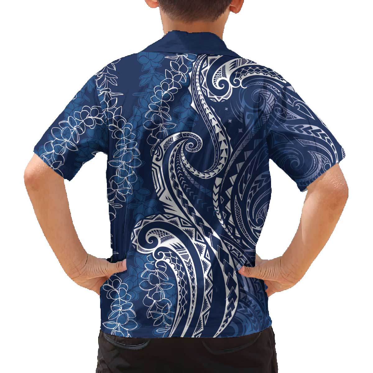 Polynesia Plumeria Lei Family Matching Off The Shoulder Long Sleeve Dress and Hawaiian Shirt Navy Blue Curves Motif LT7 - Polynesian Pride
