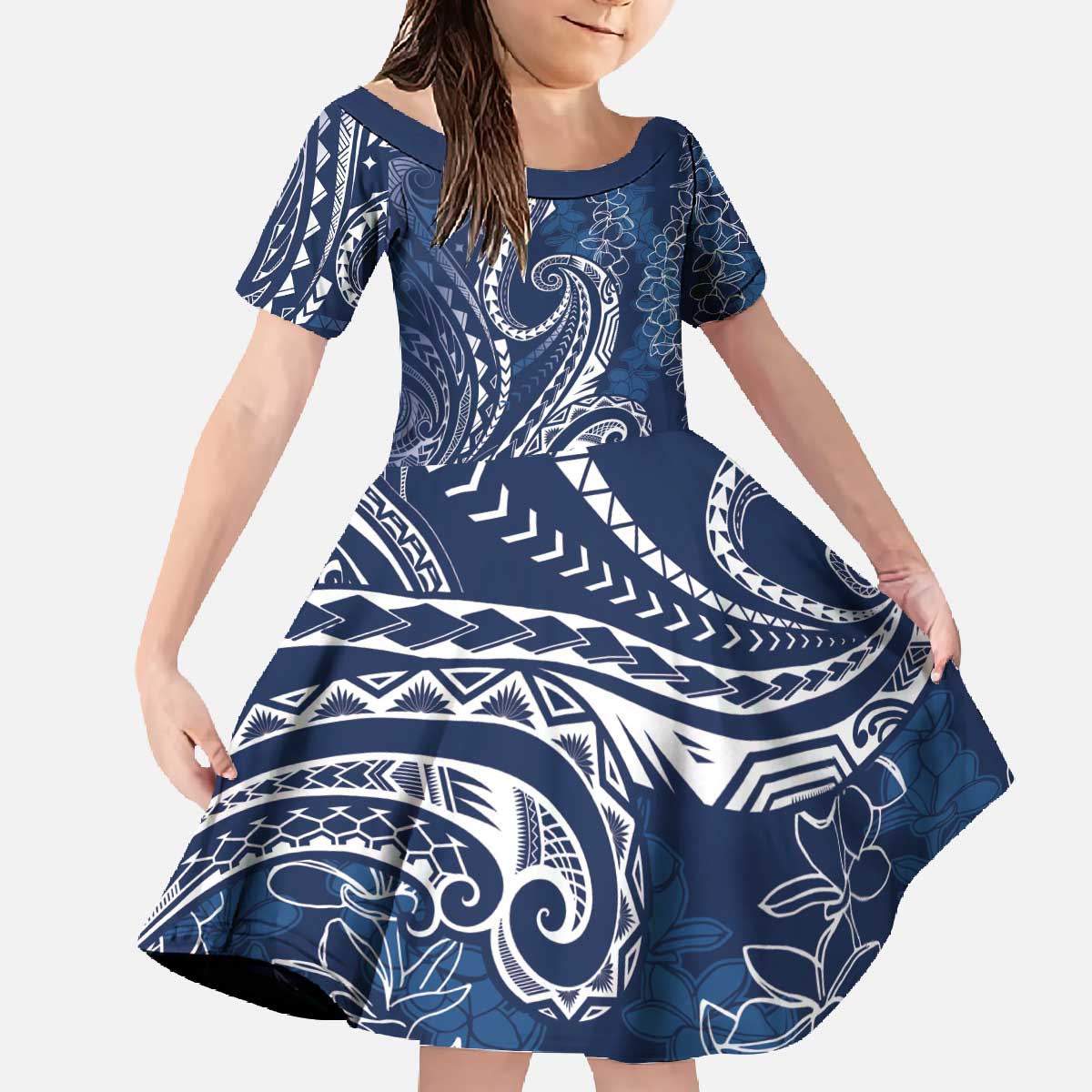Polynesia Plumeria Lei Family Matching Off The Shoulder Long Sleeve Dress and Hawaiian Shirt Navy Blue Curves Motif LT7 Daughter's Dress Navy Blue - Polynesian Pride