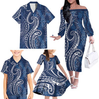 Polynesia Plumeria Lei Family Matching Off The Shoulder Long Sleeve Dress and Hawaiian Shirt Navy Blue Curves Motif LT7 - Polynesian Pride