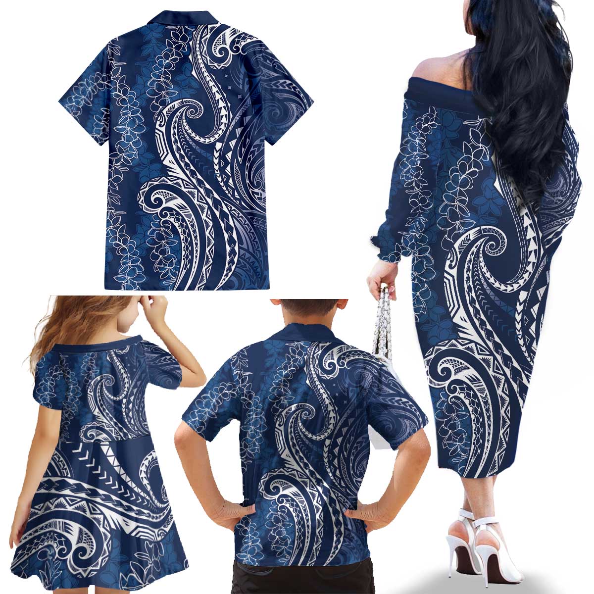 Polynesia Plumeria Lei Family Matching Off The Shoulder Long Sleeve Dress and Hawaiian Shirt Navy Blue Curves Motif LT7 - Polynesian Pride