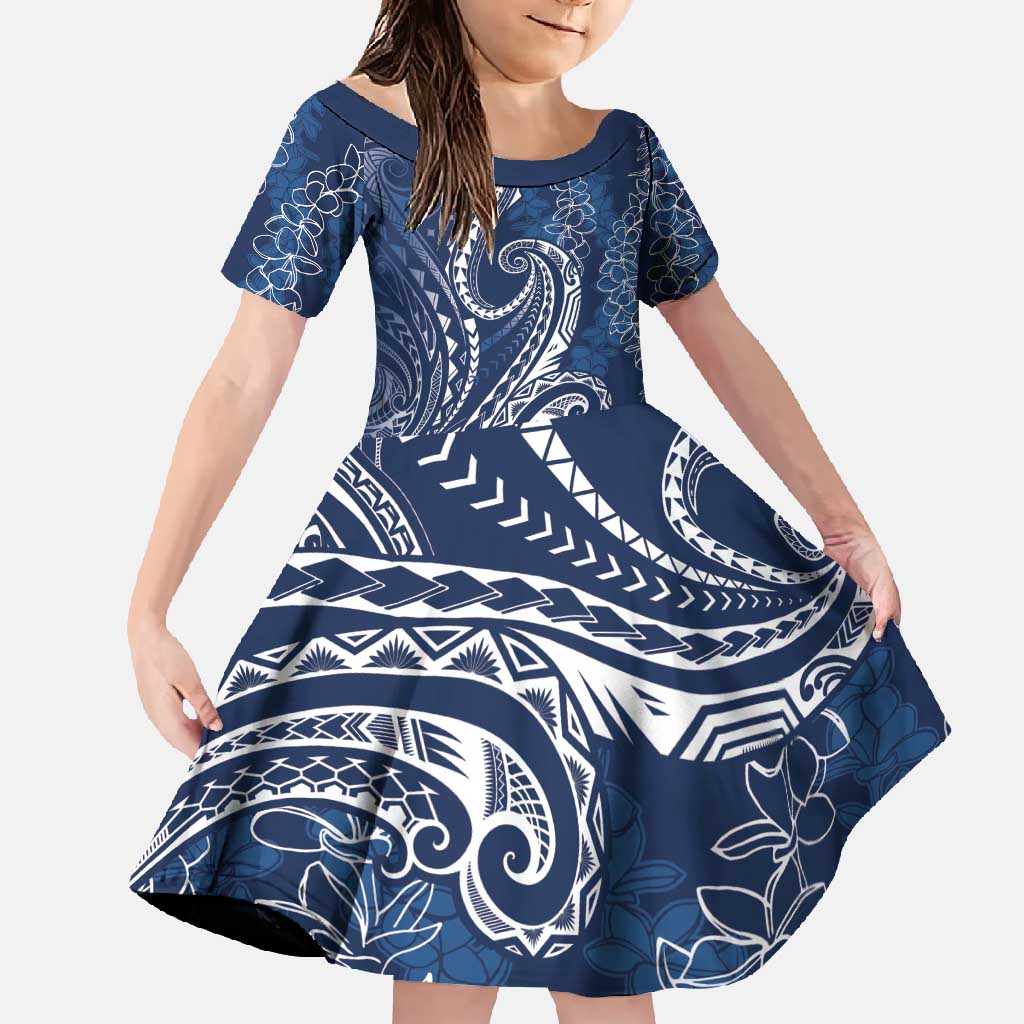 Polynesia Plumeria Lei Family Matching Off Shoulder Maxi Dress and Hawaiian Shirt Navy Blue Curves Motif