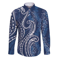 Polynesia Plumeria Lei Family Matching Off Shoulder Short Dress and Hawaiian Shirt Navy Blue Curves Motif LT7 Dad's Shirt - Long Sleeve Navy Blue - Polynesian Pride
