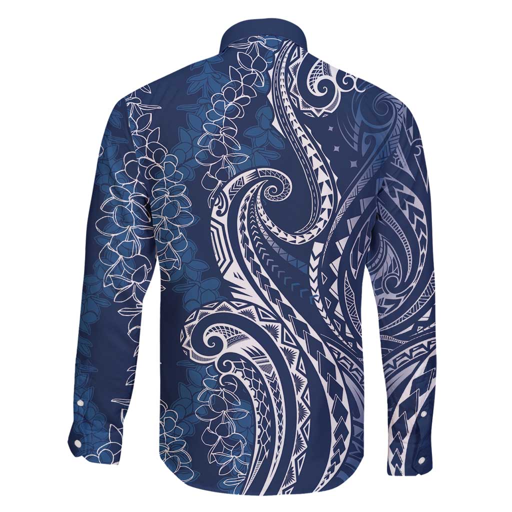 Polynesia Plumeria Lei Family Matching Off Shoulder Short Dress and Hawaiian Shirt Navy Blue Curves Motif LT7 - Polynesian Pride