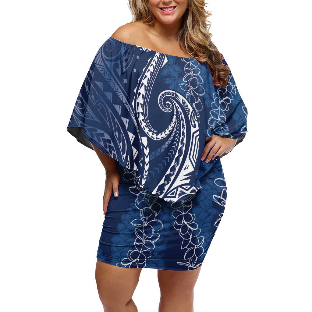 Polynesia Plumeria Lei Family Matching Off Shoulder Short Dress and Hawaiian Shirt Navy Blue Curves Motif LT7 Mom's Dress Navy Blue - Polynesian Pride