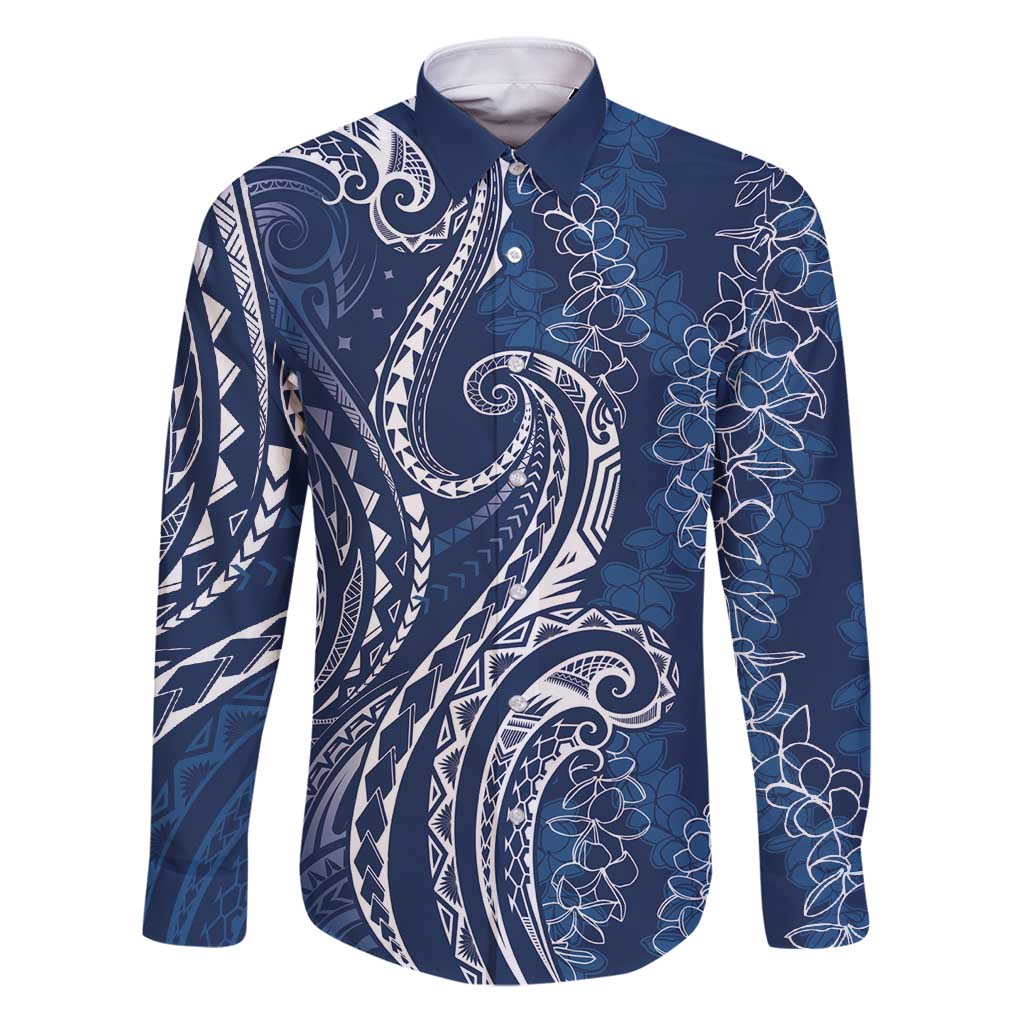 Polynesia Plumeria Lei Family Matching Puletasi and Hawaiian Shirt Navy Blue Curves Motif