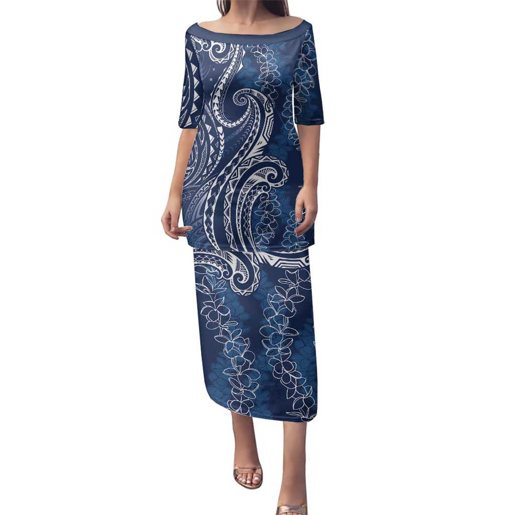 Polynesia Plumeria Lei Family Matching Puletasi and Hawaiian Shirt Navy Blue Curves Motif