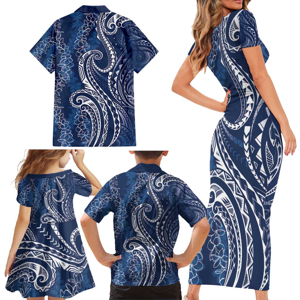 Polynesia Plumeria Lei Family Matching Short Sleeve Bodycon Dress and Hawaiian Shirt Navy Blue Curves Motif LT7 - Polynesian Pride