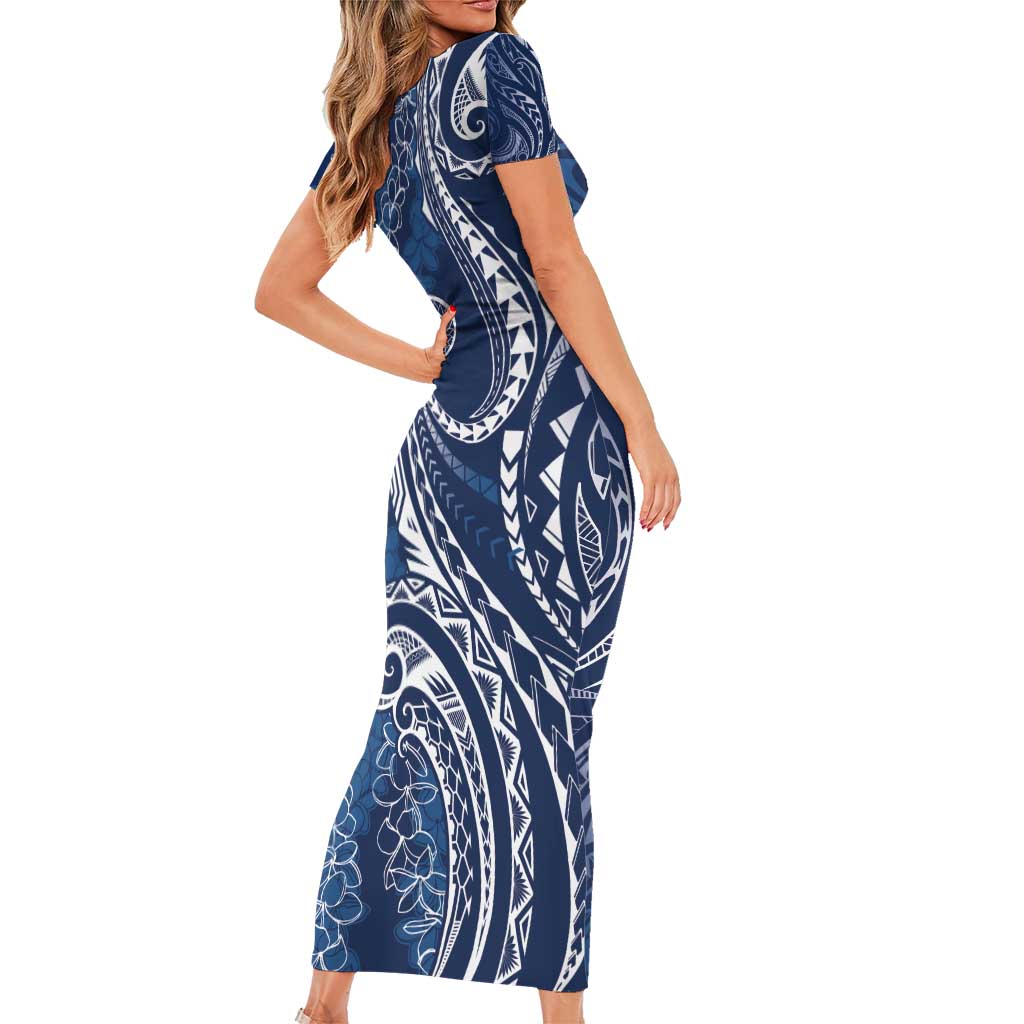 Polynesia Plumeria Lei Family Matching Short Sleeve Bodycon Dress and Hawaiian Shirt Navy Blue Curves Motif LT7 - Polynesian Pride