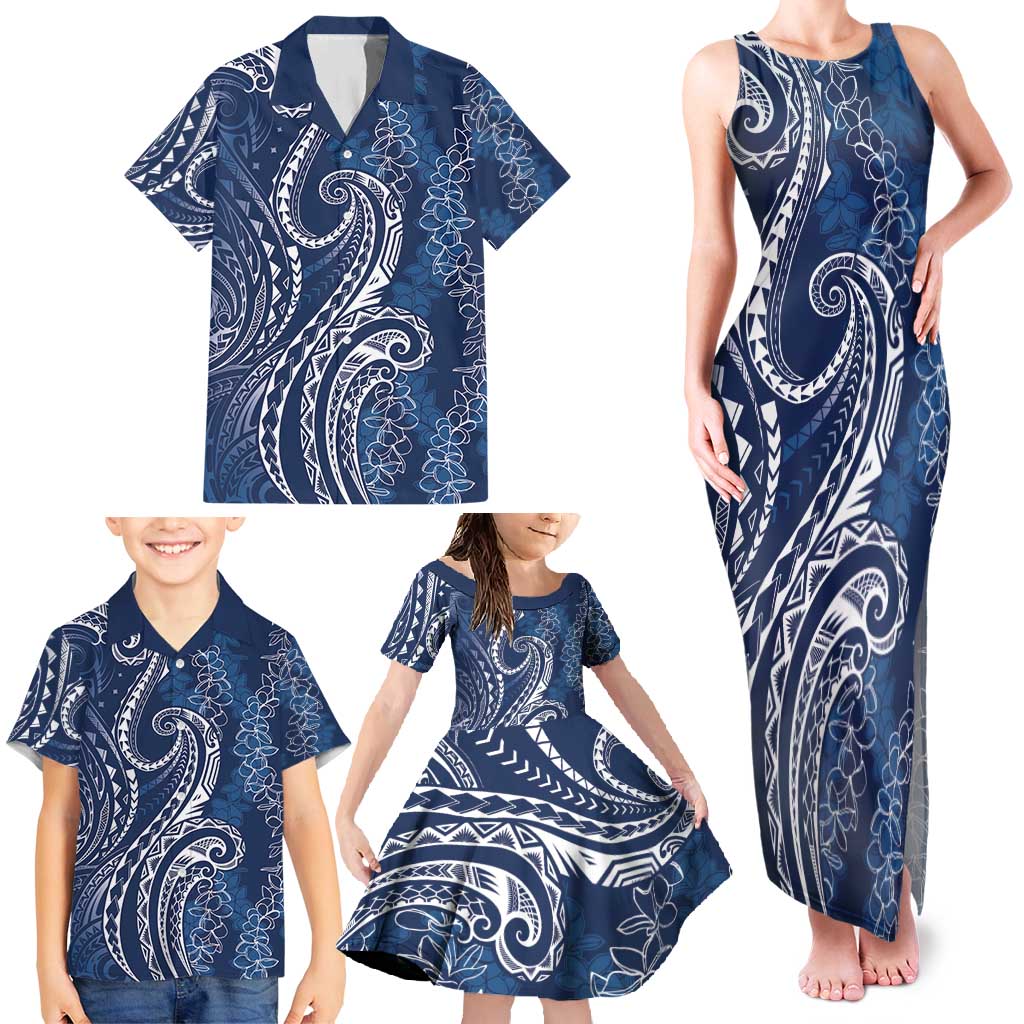 Polynesia Plumeria Lei Family Matching Tank Maxi Dress and Hawaiian Shirt Navy Blue Curves Motif LT7 - Polynesian Pride