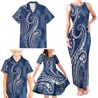 Polynesia Plumeria Lei Family Matching Tank Maxi Dress and Hawaiian Shirt Navy Blue Curves Motif LT7 - Polynesian Pride