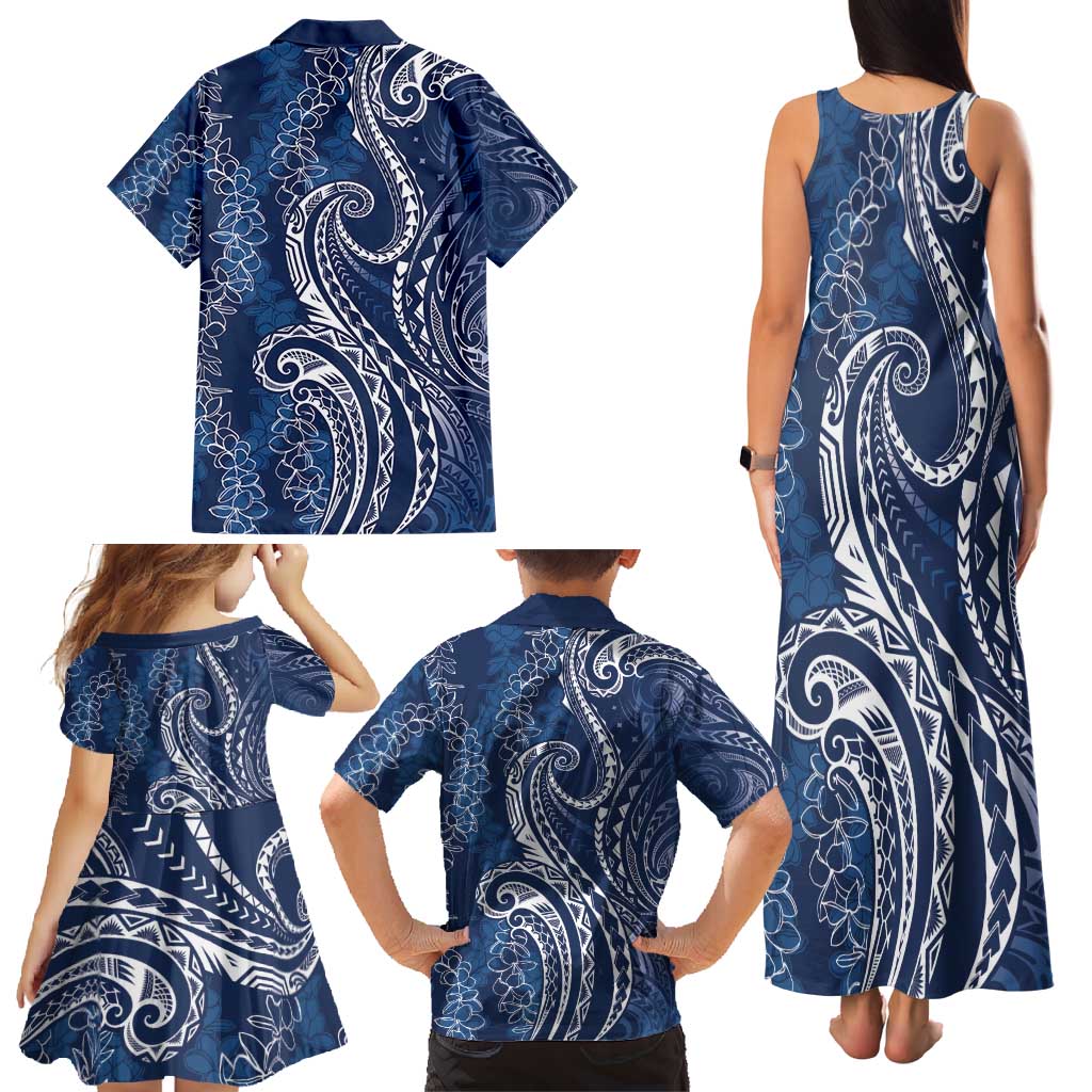 Polynesia Plumeria Lei Family Matching Tank Maxi Dress and Hawaiian Shirt Navy Blue Curves Motif LT7 - Polynesian Pride