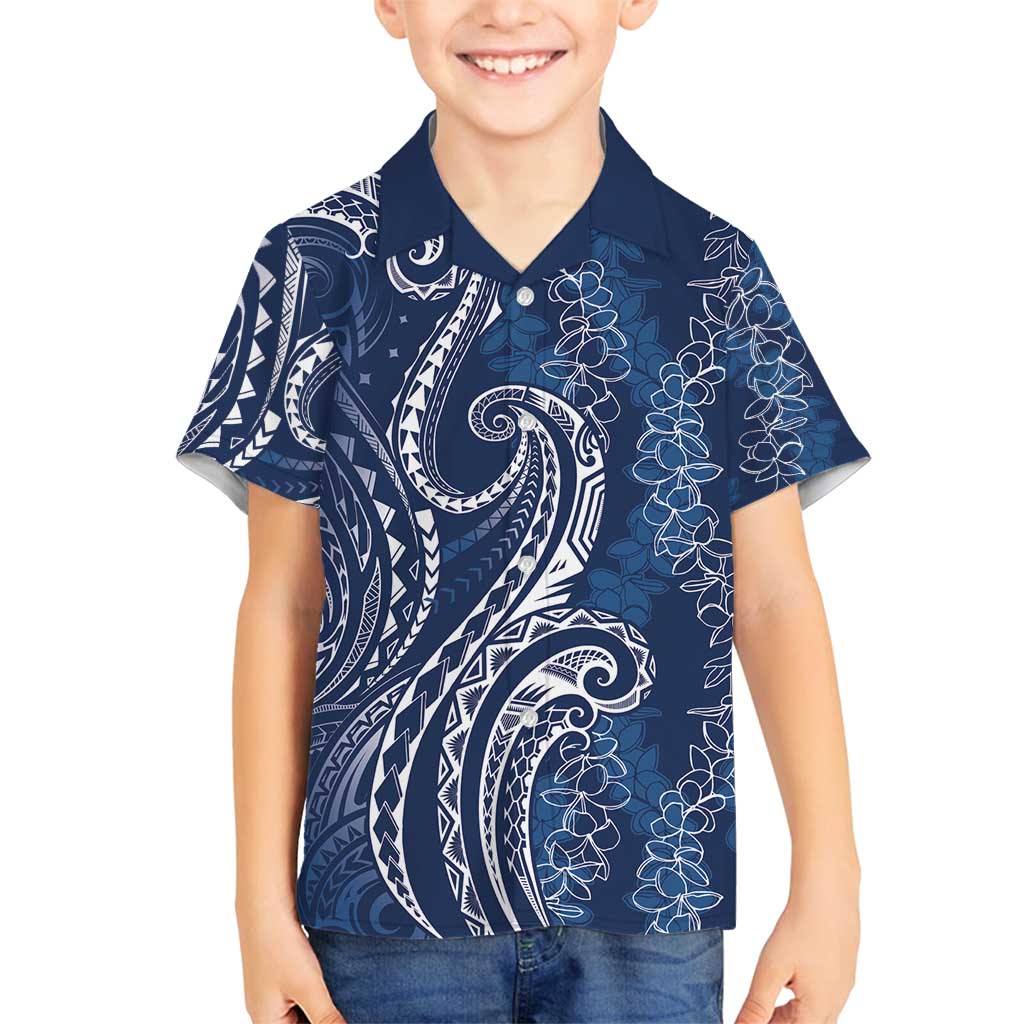 Polynesia Plumeria Lei Family Matching Tank Maxi Dress and Hawaiian Shirt Navy Blue Curves Motif LT7 Son's Shirt Navy Blue - Polynesian Pride