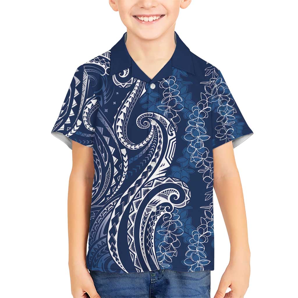 Polynesia Plumeria Lei Kid Hawaiian Shirt Navy Blue Curves Motif